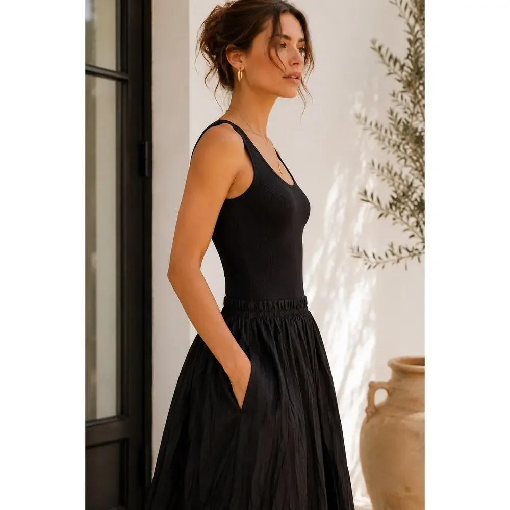 J.Crew Black Mixed Media Ribbed Tank Maxi Dress XXS Cotton Capsule Quiet Luxury